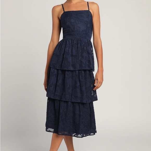 Lulu’s Navy Blue Floral Tiered Dress - XS - Picture 1 of 7